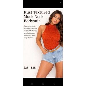 Fashion Nova Women’s Large Rust Textured Mock Neck Bodysuit Snap Closure Stretch